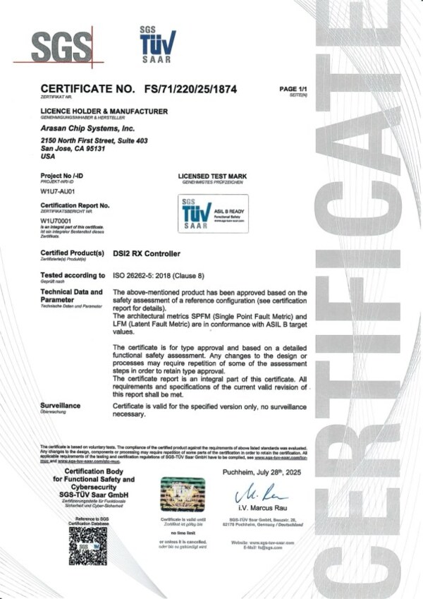 Arasan MIPI DSI-2 Rx控制器获得ISO 26262 ASIL-B认证